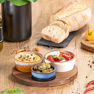 Dipschalen-Set 4-tlg. rund auf Akazienplatte Ø 20 cm POS Dipschalen-Set 4-tlg. rund auf Akazienplatte Ø 20 cm POS