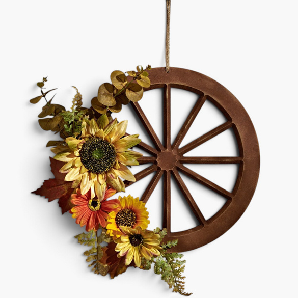 Blumenarrangement Holzrad