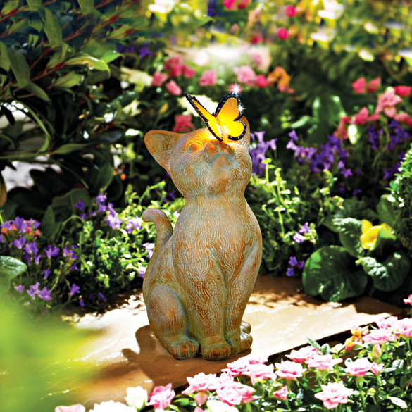 Gartendeko Katze mit Solar-Schmetterling