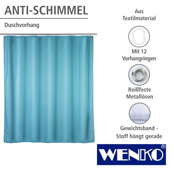 WENKO Anti-Schimmel Duschvorhang Uni Light Blue, Textil (Polyester), 180 x 200 cm, waschbar