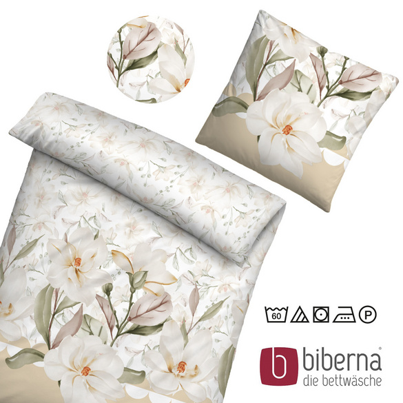 biberna Mako-Satin Bettwäsche BLUME  kitt, 155x200 cm + 80x80 cm