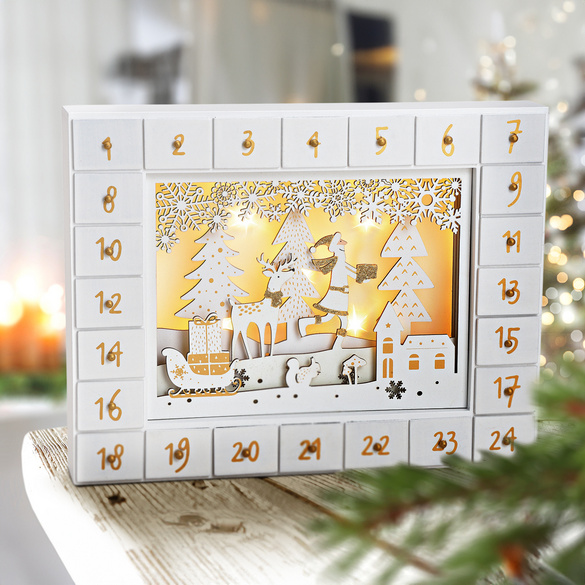 Adventskalender Winterwald aus Holz mit  LED Beleuchtung