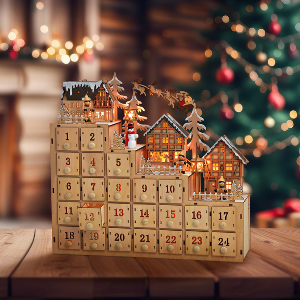 Adventskalender Winterszene aus Holz mit Beleuchtung