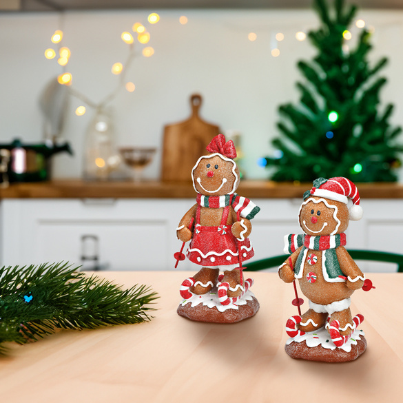 Weihnachtsdeko Lebkuchenfiguren auf Skiern, 2er-Set