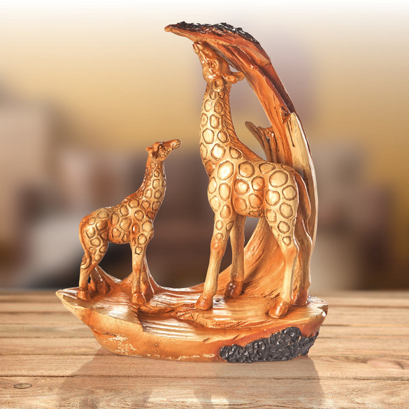 Resin-Skulptur "Giraffe mit Kind" in Holzoptik Eldo
