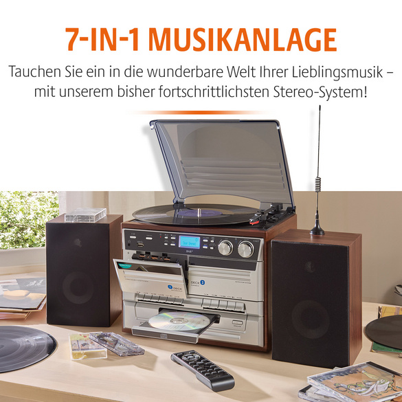 7-in-1 Musikanlage "Hudson Deluxe" für CDs, Kassetten, Vinyl Bergström