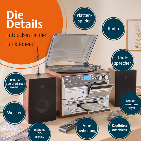 7-in-1 Musikanlage "Hudson Deluxe" für CDs, Kassetten, Vinyl Bergström