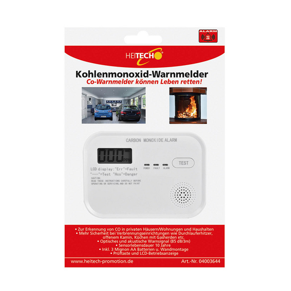 Kohlenmonoxid-Melder mit 10 Jahren Sensorlaufzeit HEITECH