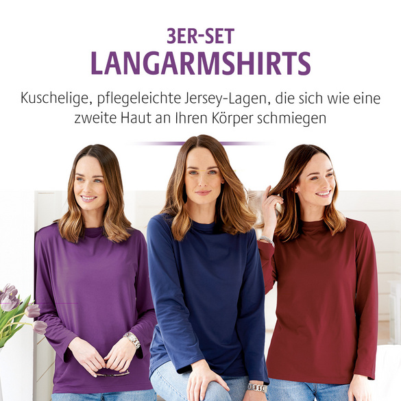 Langarmshirts lila-blau-bordeaux 3er-Set