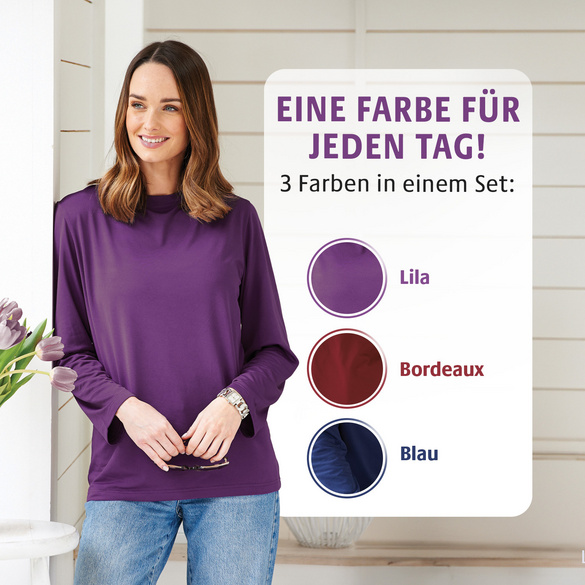 Langarmshirts lila-blau-bordeaux 3er-Set