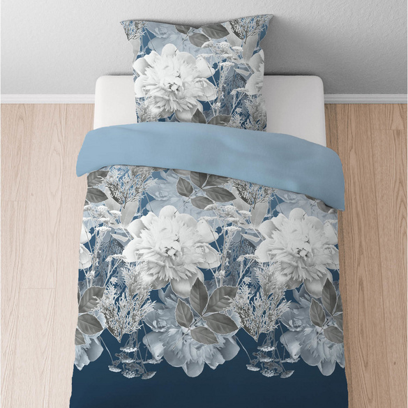 Castell Thermo-Fleece Bettwäsche Blume groß eisblau, 1x 155x220 cm + 1x 80x80 cm