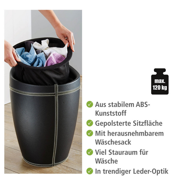 Badhocker & Wäschesammler Candy Lederoptik schwarz WENKO