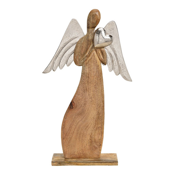 Dekoaufsteller Engel mit Metallflügeln und Herz aus Holz