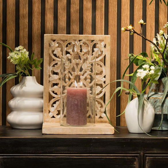 Windlicht "Blumen" aus Mangoholz und Glas