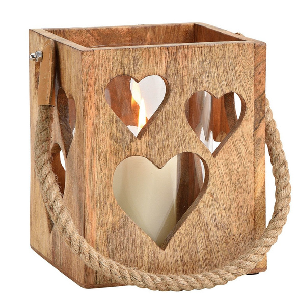 Windlicht "Herz" aus Glas und Mangoholz