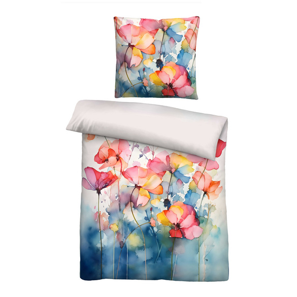 biberna Tencel Bettwäsche Aquarell Blumen taubenblau, 1x 155x220 cm + 1x 80x80 cm