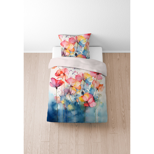 biberna Tencel Bettwäsche Aquarell Blumen taubenblau, 1x 155x220 cm + 1x 80x80 cm