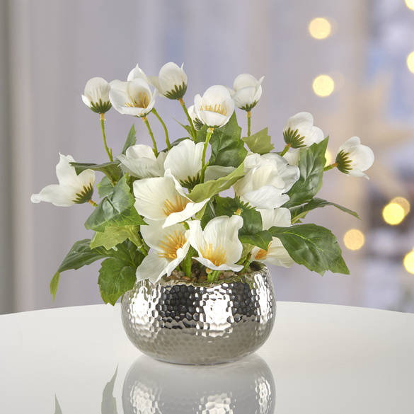 Keramik-Schale silbern mit Kunstblumengesteck Christrosen weiß Eldo