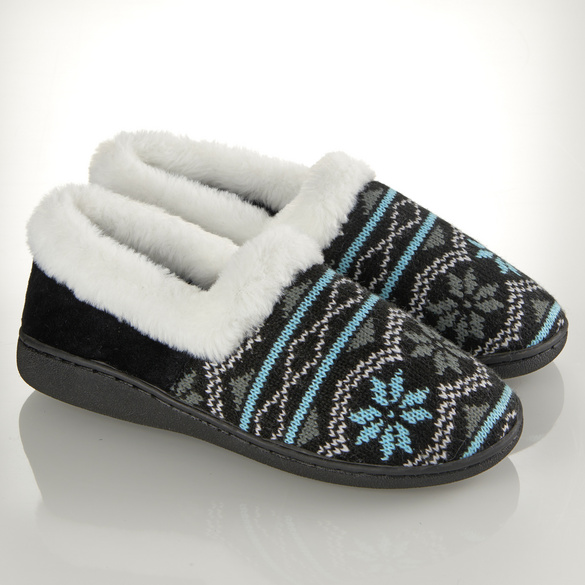 Kuschelhausschuh "Helena" mit Strickmuster blau-schwarz