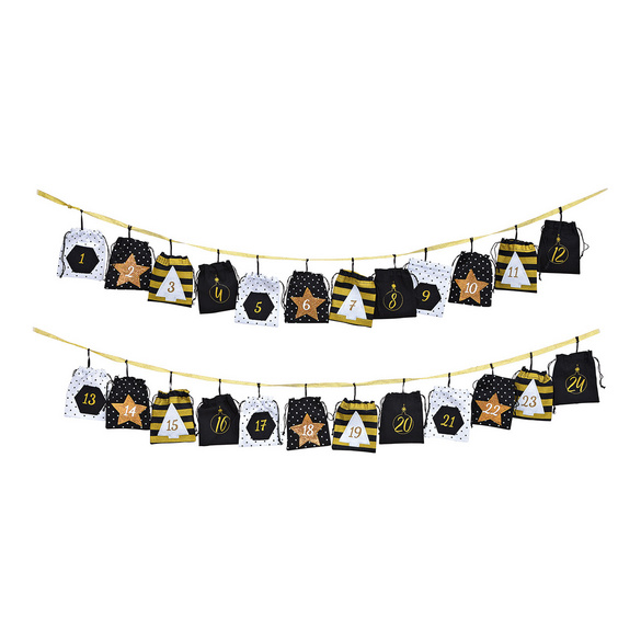 Textil-Adventskalender mit 24 Säckchen, Schwarz/Gold/Weiß