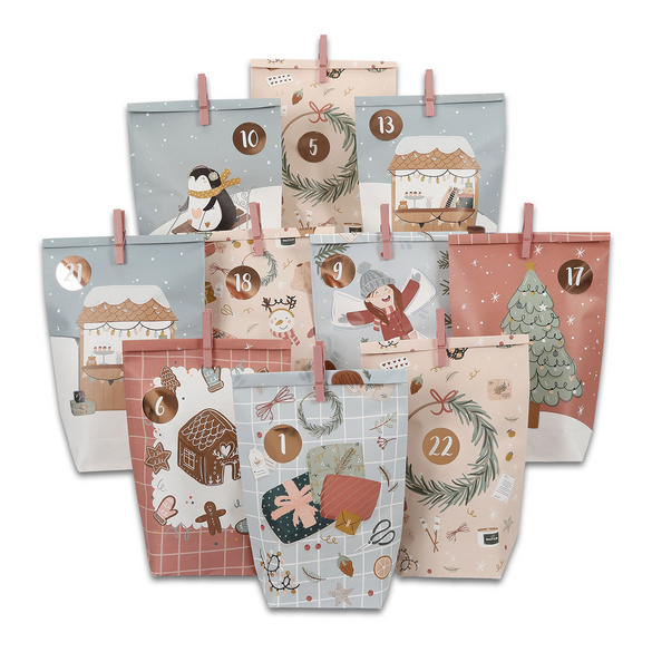 Adventskalender "Christmas Challenge" zum Selbstbefüllen mit 24 Papiertüten und Klammern