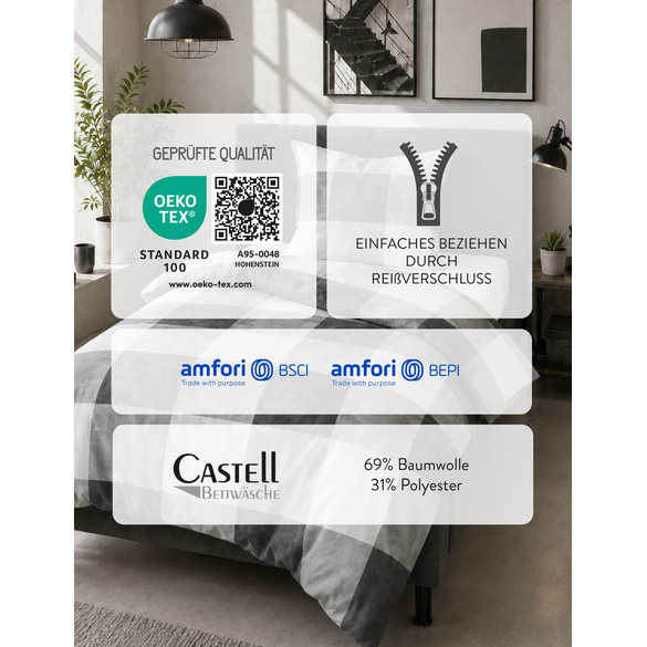 Castell Polycotton-Biber-Bettwäsche „Karo groß“ grau