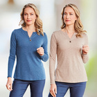 Shirt mit Tunika-Ausschnitt 2er-Set blau + taupe