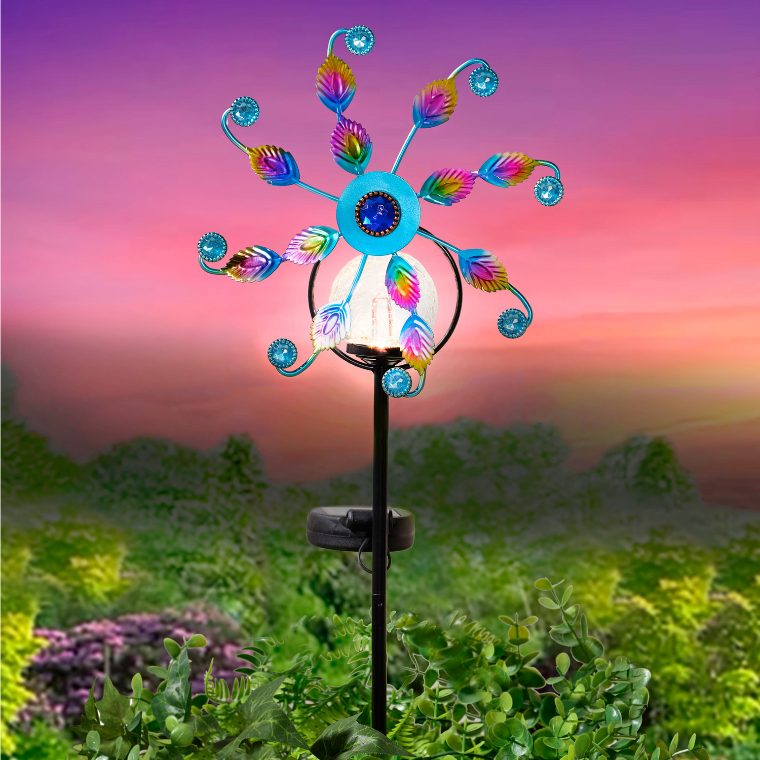 Gartenstecker Windspiel "Pfau" mit Solarleuchte